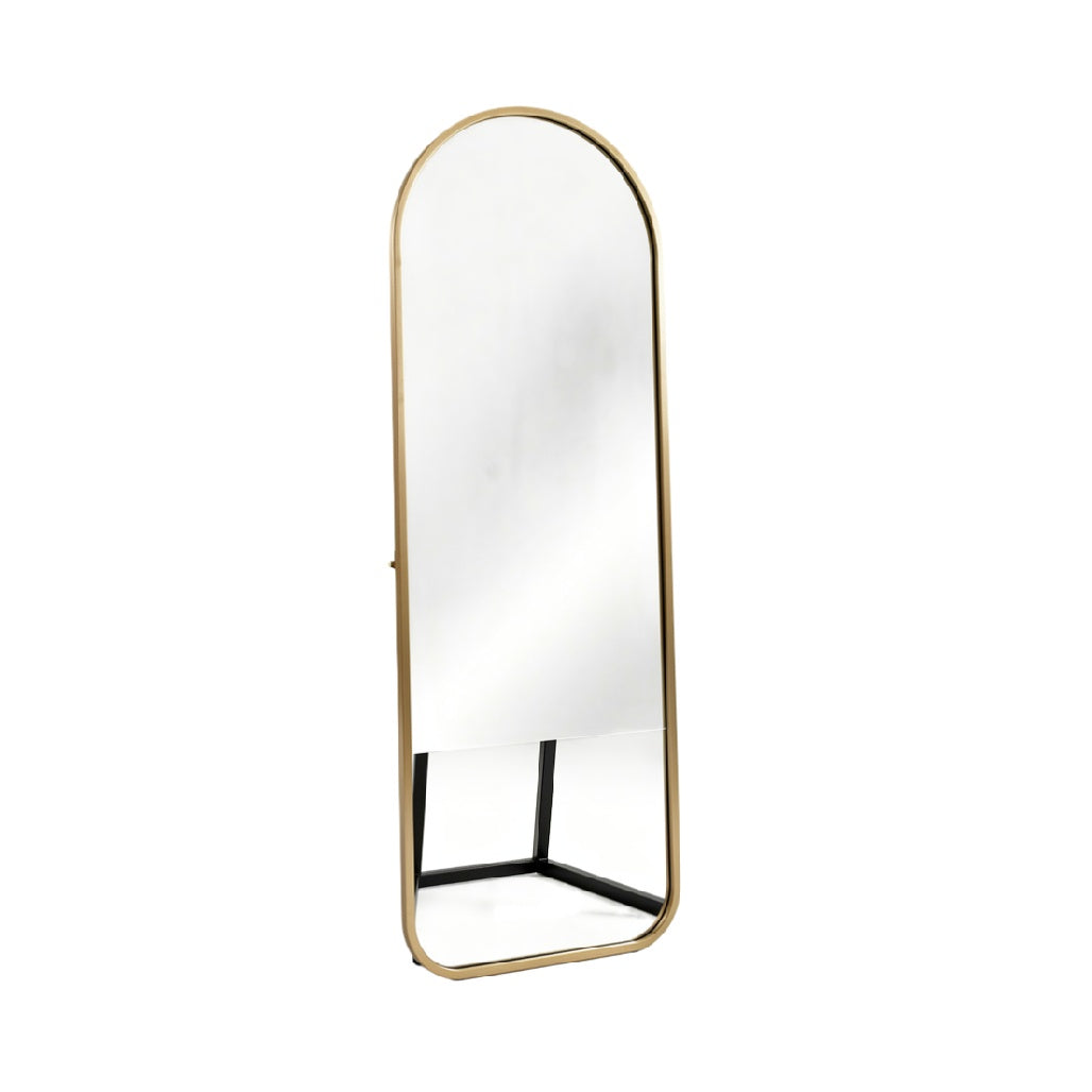 Sleek Arched Standing Mirror with Gold Frame and Black Base